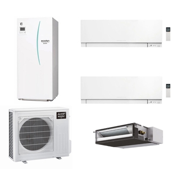 Immagine di Mitsubishi ECODAN MULTI COMFORT R32 sistema per raffrescamento, riscaldamento e acqua calda sanitaria HYDROTANK SMALL 170 l | unità esterna 7.5 kW | unità interne split 18000 e parete 5000+5000 PXZ-4F75VG+SEZ-M50DA2+2xMSZ-EF18VGKW+ERST17D-VM2E