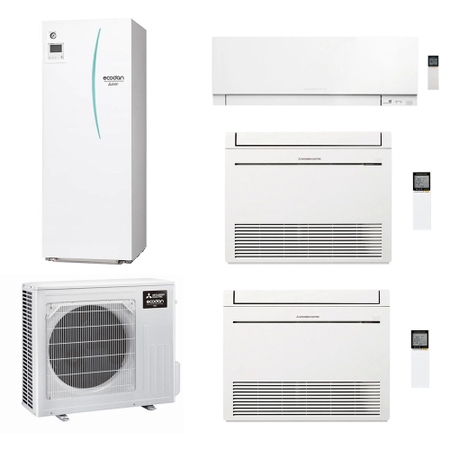 Immagine di Mitsubishi ECODAN MULTI COMFORT R32 sistema per raffrescamento, riscaldamento e acqua calda sanitaria HYDROTANK SMALL 200 l | unità esterna 7.5 kW | unità interne a parete 5000 e pavimento 9000+18000 PXZ-4F75VG+MSZ-EF18VGKW+MFZ-KT50VG+MFZ-KT25VG
