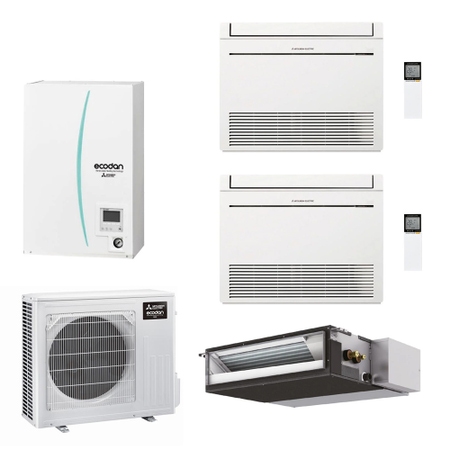 Immagine di Mitsubishi ECODAN MULTI COMFORT R32 sistema per raffrescamento, riscaldamento e acqua calda sanitaria HYDROBOX SMALL | unità esterna 7.5 kW | unità interne canalizzabile 12000 e pavimento 9000+9000 PXZ-4F75VG+SEZ-M35DA2+MFZ-KT25VG+MFZ-KT25VG