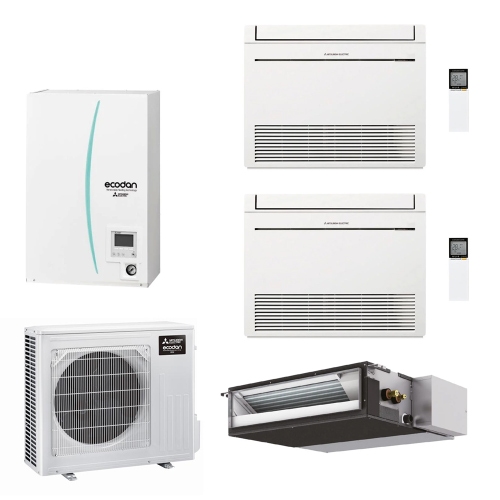 Immagine di Mitsubishi ECODAN MULTI COMFORT R32 sistema per raffrescamento, riscaldamento e acqua calda sanitaria HYDROBOX SMALL | unità esterna 7.5 kW | unità interne canalizzabile 12000 e pavimento 9000+9000 PXZ-4F75VG+SEZ-M35DA2+MFZ-KT25VG+MFZ-KT25VG