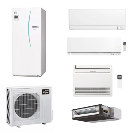 Immagine di Mitsubishi ECODAN MULTI COMFORT R32 sistema per raffrescamento, riscaldamento e acqua calda sanitaria HYDROTANK SMALL 170 l | unità esterna 8.5 kW | unità interne canalizzabile 9000, a pavimento 9000 e a parete 5000+9000 PXZ-5F85VG+MSZ-EF18VGKW+SEZ-M25DA2+MSZ-AY25VGKP