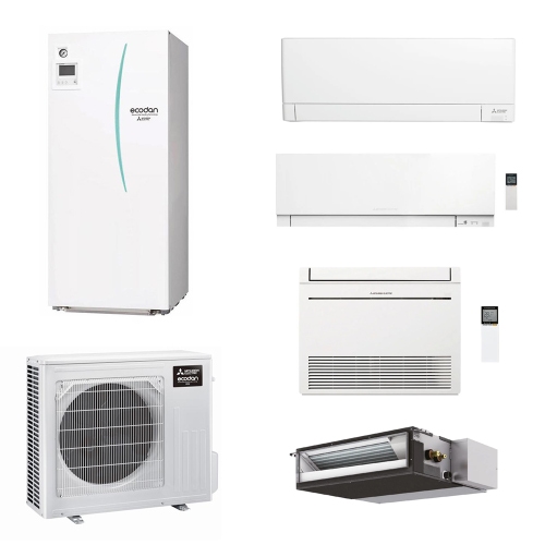 Immagine di Mitsubishi ECODAN MULTI COMFORT R32 sistema per raffrescamento, riscaldamento e acqua calda sanitaria HYDROTANK SMALL 170 l | unità esterna 8.5 kW | unità interne canalizzabile 9000, a pavimento 9000 e a parete 5000+9000 PXZ-5F85VG+MSZ-EF18VGKW+SEZ-M25DA2+MSZ-AY25VGKP