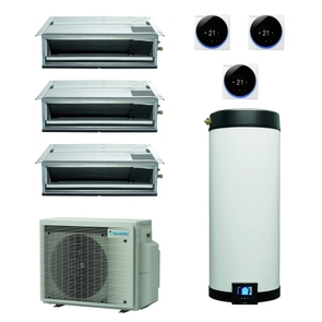 Immagine di Daikin MULTI+ sistema per raffrescamento, riscaldamento e acqua calda sanitaria con serbatoio da 120 L | unità esterna 5.2 kW | unità interne canalizzabile 9000+9000+12000 4MWXM52A9+EKHWET120BV3+2xFDXM25F9+FDXM35F9