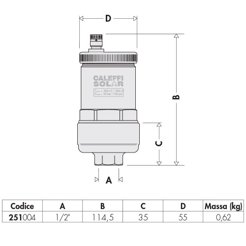 Immagine di Caleffi DISCALAIR Valvola automatica di sfogo aria per impianti solari 1/2" F 251004