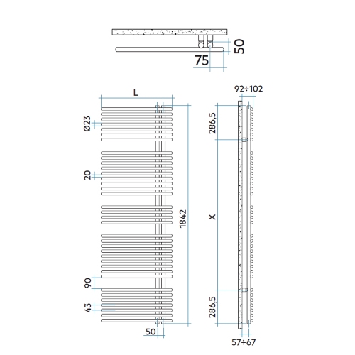 Immagine di Irsap FUNKY_S radiatore 36 tubi H.184,2 L.60 P.6,2 cm, 4 intervalli, colore grigio antracite finitura opaco Cod.6V YRG060B6VIR01NNN