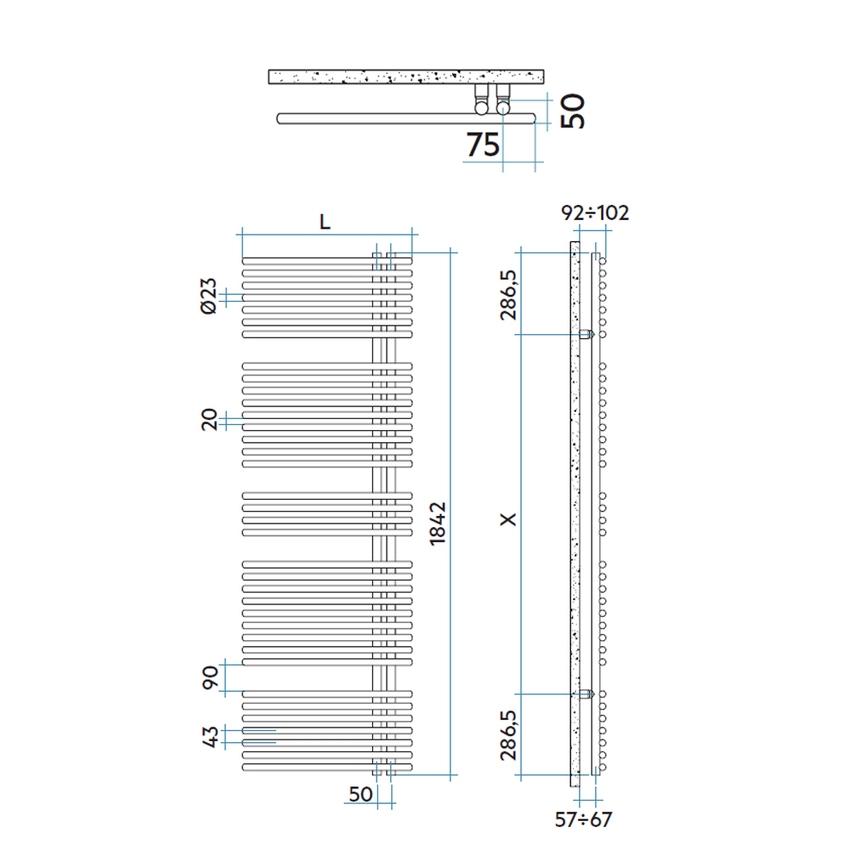 Immagine di Irsap FUNKY_S radiatore 36 tubi H.184,2 L.60 P.6,2 cm, 4 intervalli, colore grigio antracite finitura opaco Cod.6V YRG060B6VIR01NNN