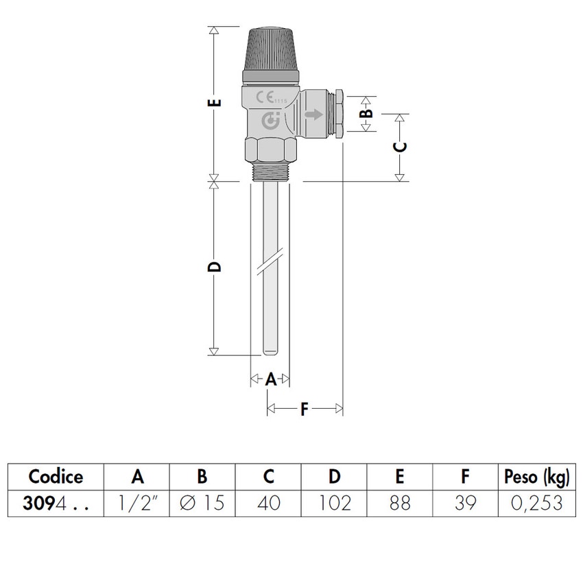 Immagine di Caleffi Valvola di sicurezza combinata temperatura e pressione per impianti solari 1/2” M x Ø 15 7 bar 309471