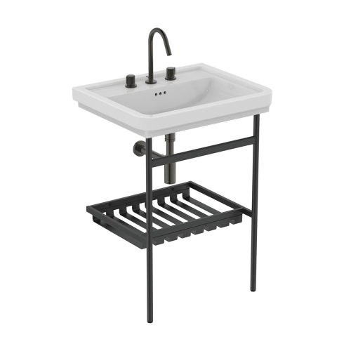 Immagine di Ideal Standard I.LIFE B struttura in metallo L.56 cm, a muro, colore nero finitura opaco, con lavabo CALLA L.67 cm, con troppopieno e 3 fori per rubinetteria, colore bianco, sifone per lavabo colore nero finitura opaco E2531XG+E368601+T4441XG