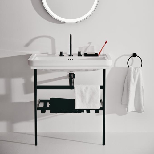 Immagine di Ideal Standard I.LIFE B struttura in metallo L.76 cm, a muro, colore nero finitura opaco, con lavabo CALLA L.87 cm, con troppopieno e 3 fori per rubinetteria, colore bianco, sifone per lavabo colore nero finitura opaco E2533XG+E368901+T4441XG