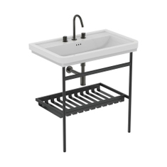 Immagine di Ideal Standard I.LIFE B struttura in metallo L.76 cm, a muro, colore nero finitura opaco, con lavabo CALLA L.87 cm, con troppopieno e 3 fori per rubinetteria, colore bianco, sifone per lavabo colore nero finitura opaco E2533XG+E368901+T4441XG