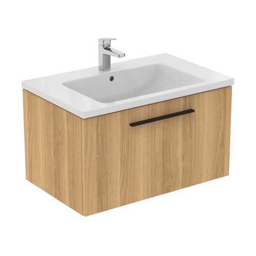 Immagine di Ideal Standard I.LIFE B set L.80 cm con mobile sottolavabo, finitura quercia chiara, lavabo, colore bianco finitura lucido, specchio rettangolare T5271NX+T460401