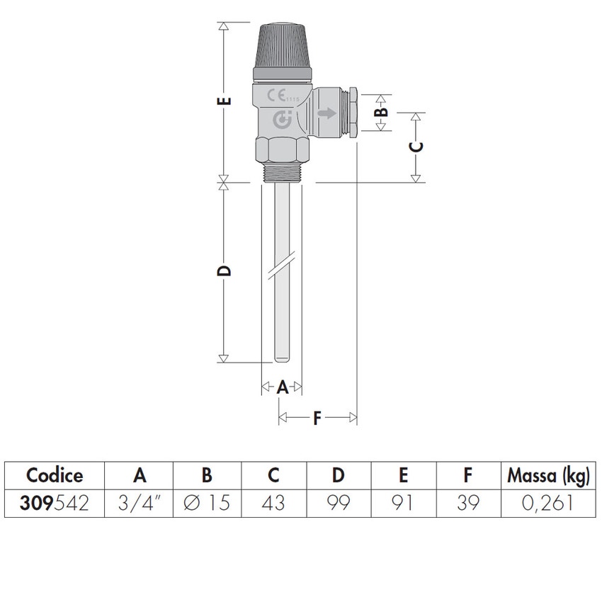 Immagine di Caleffi Valvola di sicurezza combinata temperatura e pressione 1/2" X Ø15 4 bar 309542