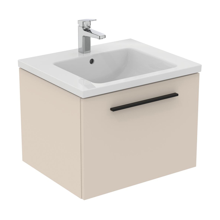 Ideal Standard I.LIFE B composizione bagno: mobile sottolavabo L.60 cm,  colore sabbia finitura opaco, lavabo L.61 cm, colore bianco finitura lucido,  miscelatore monocomando finitura cromo T5269NF+T460501+A6550AA