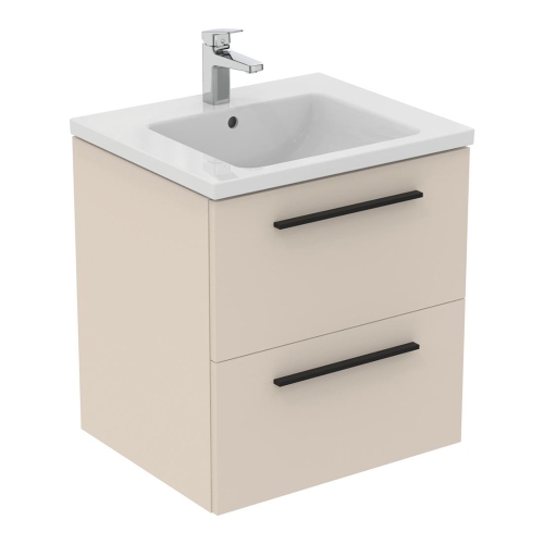 Immagine di Ideal Standard I.LIFE B set L.60 cm con mobile sottolavabo, colore sabbia finitura opaco, lavabo, colore bianco finitura lucido, specchio rettangolare T5270NF+T460501