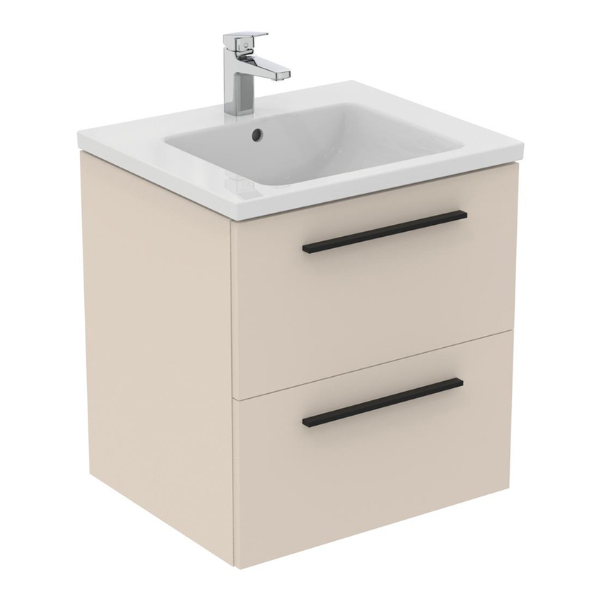 Immagine di Ideal Standard I.LIFE B set L.60 cm con mobile sottolavabo, colore sabbia finitura opaco, lavabo, colore bianco finitura lucido, specchio rettangolare T5270NF+T460501