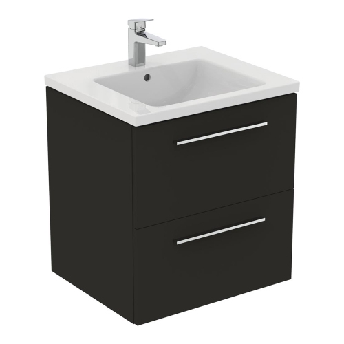 Immagine di Ideal Standard I.LIFE B set L.60 cm con mobile sottolavabo, colore grigio carbonio finitura opaco, lavabo, colore bianco finitura lucido, specchio rettangolare T5270NV+T460501
