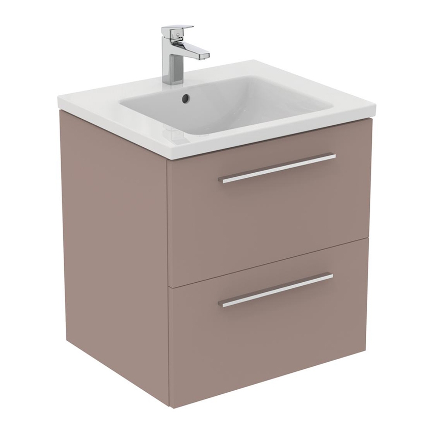 Immagine di Ideal Standard I.LIFE B set L.60 cm con mobile sottolavabo, colore greige finitura opaco, lavabo, colore bianco finitura lucido, specchio rettangolare T5270NH+T460501