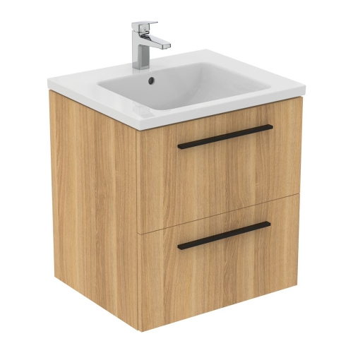 Immagine di Ideal Standard I.LIFE B set L.60 cm con mobile sottolavabo, finitura quercia chiara, lavabo, colore bianco finitura lucido, specchio rettangolare T5270NX+T460501