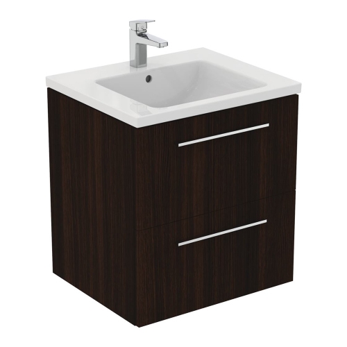 Immagine di Ideal Standard I.LIFE B set L.60 cm con mobile sottolavabo, finitura quercia scura, lavabo, colore bianco finitura lucido, specchio rettangolare T5270NW+T460501