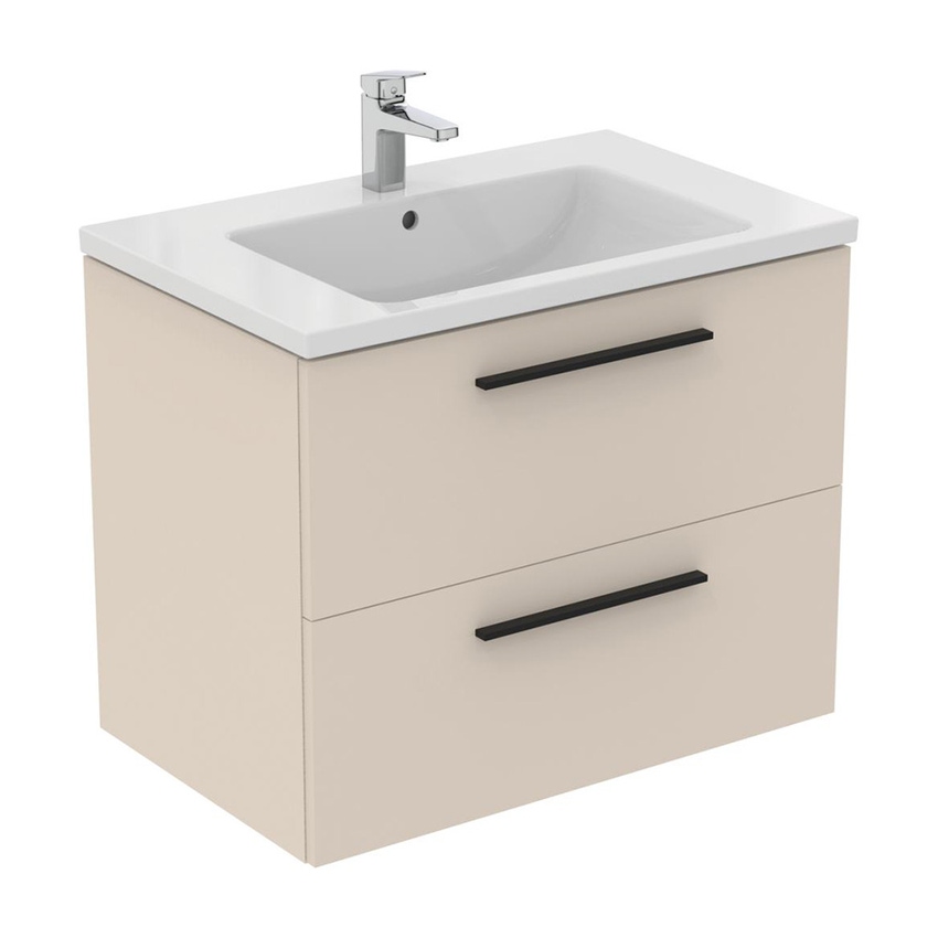 Immagine di Ideal Standard I.LIFE B set L.80 cm con mobile sottolavabo, colore sabbia finitura opaco, lavabo, colore bianco finitura lucido, specchio rettangolare T5272NF+T460401