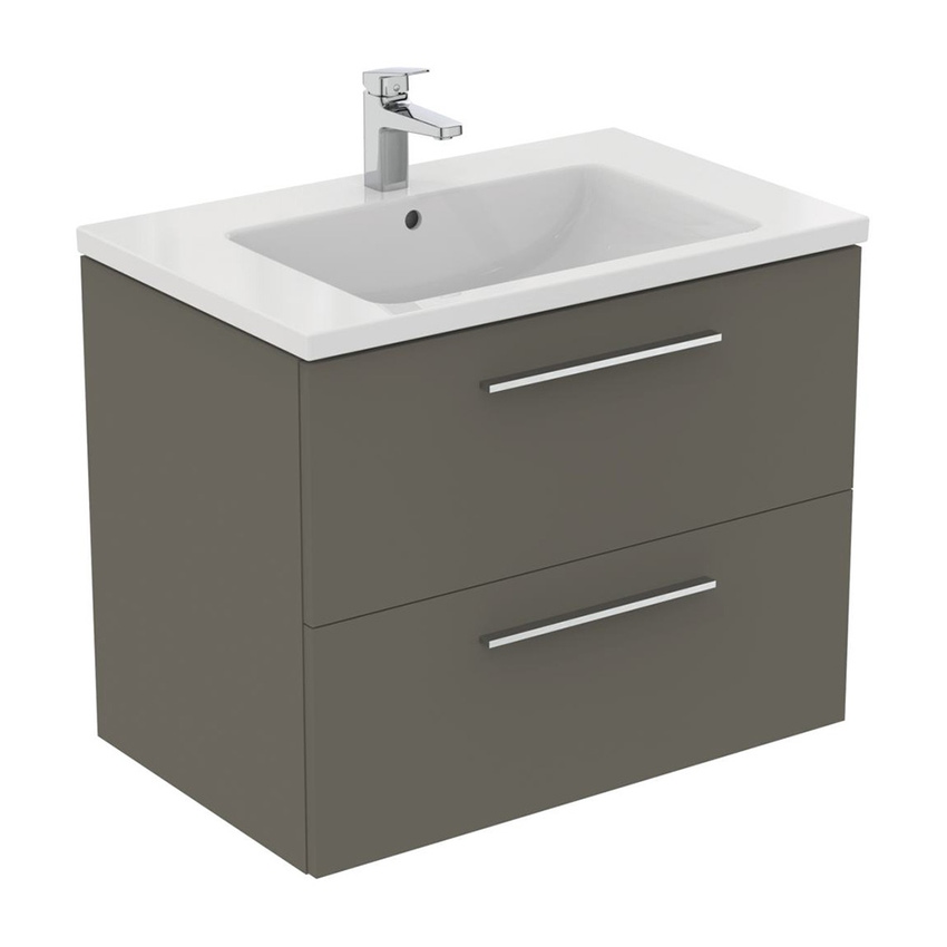 Immagine di Ideal Standard I.LIFE B set L.80 cm con mobile sottolavabo, colore grigio quarzo finitura opaco, lavabo, colore bianco finitura lucido, specchio rettangolare T5272NG+T460401