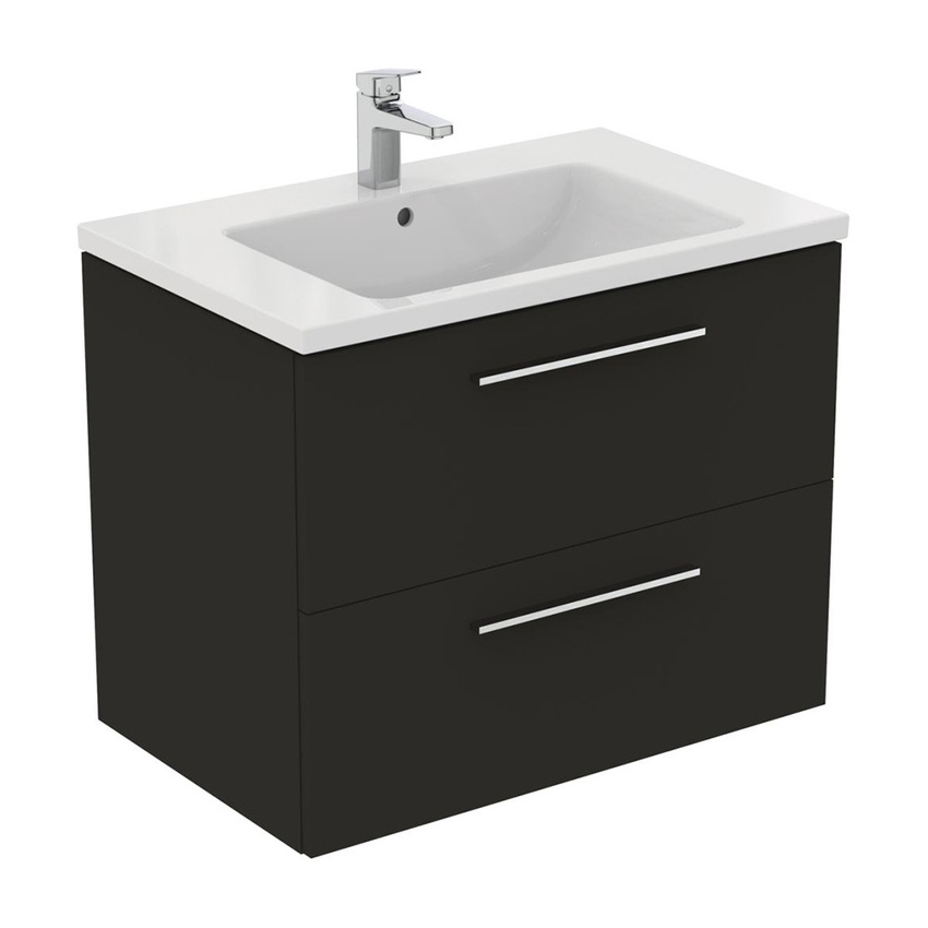 Immagine di Ideal Standard I.LIFE B set L.80 cm con mobile sottolavabo, colore grigio carbonio finitura opaco, lavabo, colore bianco finitura lucido, specchio rettangolare T5272NV+T460401