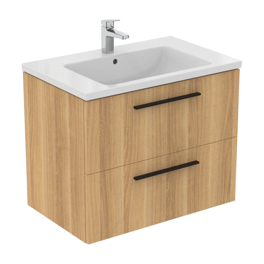 Immagine di Ideal Standard I.LIFE B set L.80 cm con mobile sottolavabo, finitura quercia chiara, lavabo, colore bianco finitura lucido, specchio rettangolare T5272NX+T460401