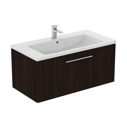 Immagine di Ideal Standard I.LIFE B set L.100 cm con mobile sottolavabo, finitura quercia scura, lavabo, colore bianco finitura lucido, specchio rettangolare T5275NW+T460301