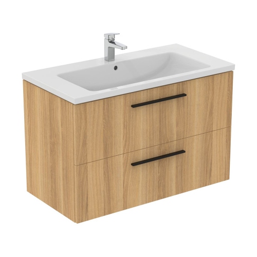 Immagine di Ideal Standard I.LIFE B set L.100 cm con mobile sottolavabo, finitura quercia chiara, lavabo, colore bianco finitura lucido, specchio rettangolare T5276NX+T460301