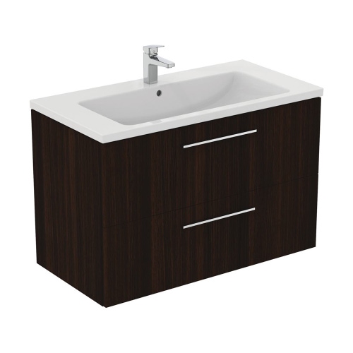 Immagine di Ideal Standard I.LIFE B set L.100 cm con mobile sottolavabo, finitura quercia scura, lavabo, colore bianco finitura lucido, specchio rettangolare T5276NW+T460301