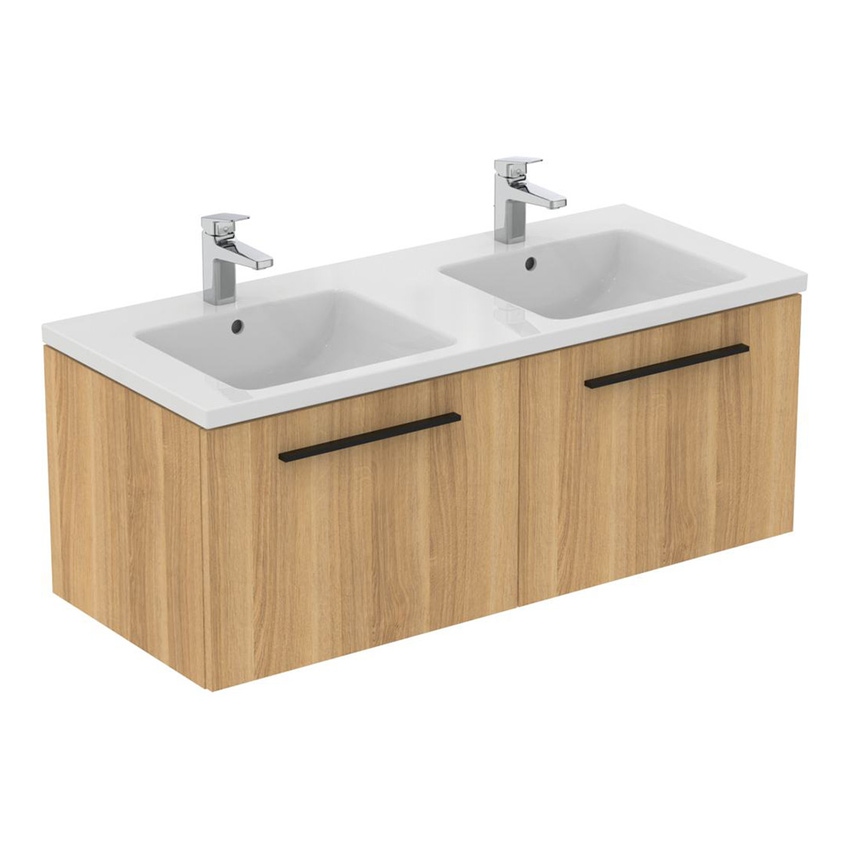 Immagine di Ideal Standard I.LIFE B set L.120 cm con mobile sottolavabo, finitura quercia chiara, lavabo, colore bianco finitura lucido, specchio rettangolare T5277NX+T460201