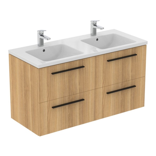 Immagine di Ideal Standard I.LIFE B set L.120 cm con mobile sottolavabo, finitura quercia chiara, lavabo colore bianco finitura lucido, specchio rettangolare T5278NX+T460201
