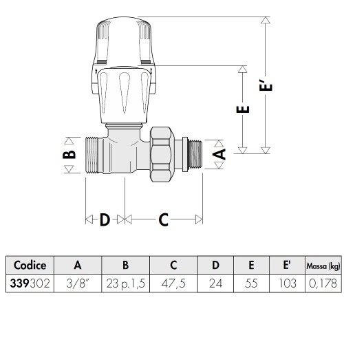 Immagine di Caleffi Valvola termostatizzabile, attacchi diritti, per tubi in rame e plastica semplice e multistrato 3/8" kv:1.35 339302
