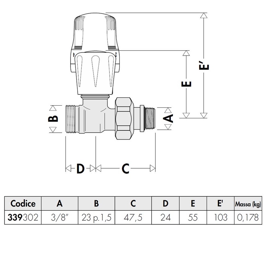 Immagine di Caleffi Valvola termostatizzabile, attacchi diritti, per tubi in rame e plastica semplice e multistrato 3/8" kv:1.35 339302