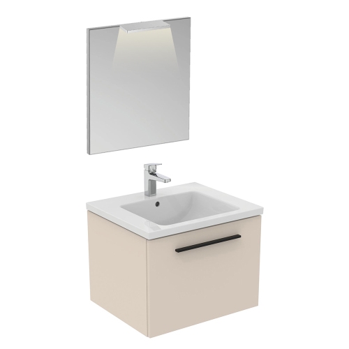 Ideal Standard I.LIFE B composizione bagno: mobile sottolavabo L.60 cm,  colore sabbia finitura opaco, lavabo L.61 cm, colore bianco finitura lucido,  miscelatore monocomando finitura cromo T5269NF+T460501+A6550AA