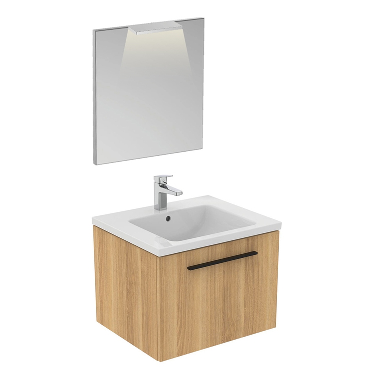 Immagine di Ideal Standard I.LIFE B composizione bagno: mobile sottolavabo L.60 cm, finitura quercia chiara, lavabo L.61 cm, colore bianco finitura lucido, miscelatore monocomando finitura cromo T5269NX+T460501+A6550AA