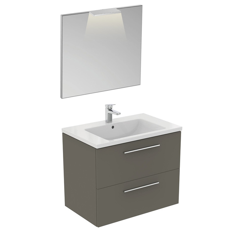 Immagine di Ideal Standard I.LIFE B composizione bagno: mobile sottolavabo L.80 cm, colore grigio quarzo finitura opaco, lavabo L.81 cm, colore bianco finitura lucido, miscelatore monocomando finitura cromo T5272NG+T460401+A6550AA