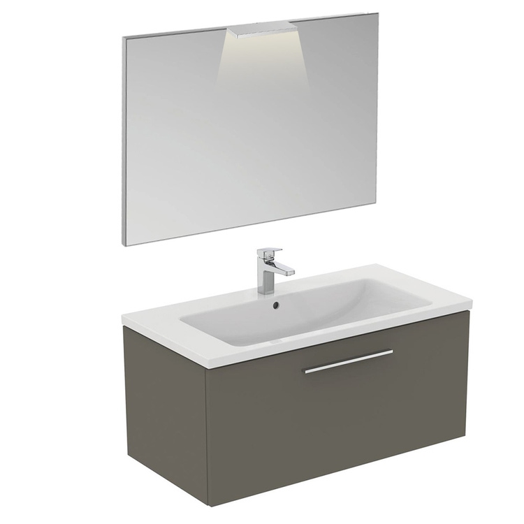 Immagine di Ideal Standard I.LIFE B composizione bagno: mobile sottolavabo L.100 cm, colore grigio quarzo finitura opaco, lavabo L.101 cm, colore bianco finitura lucido, miscelatore monocomando finitura cromo T5275NG+T460301+A6550AA