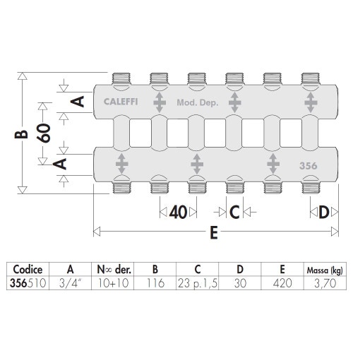 Immagine di Caleffi Collettore complanare fuso monoblocco 10+10 derivazioni x 3/4" 356510
