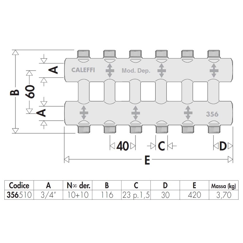 Immagine di Caleffi Collettore complanare fuso monoblocco 10+10 derivazioni x 3/4" 356510