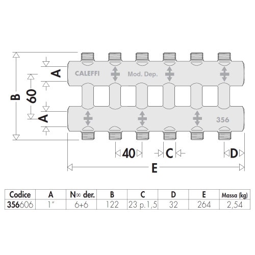 Immagine di Caleffi Collettore complanare fuso monoblocco 6+6 derivazioni x 1" 356606