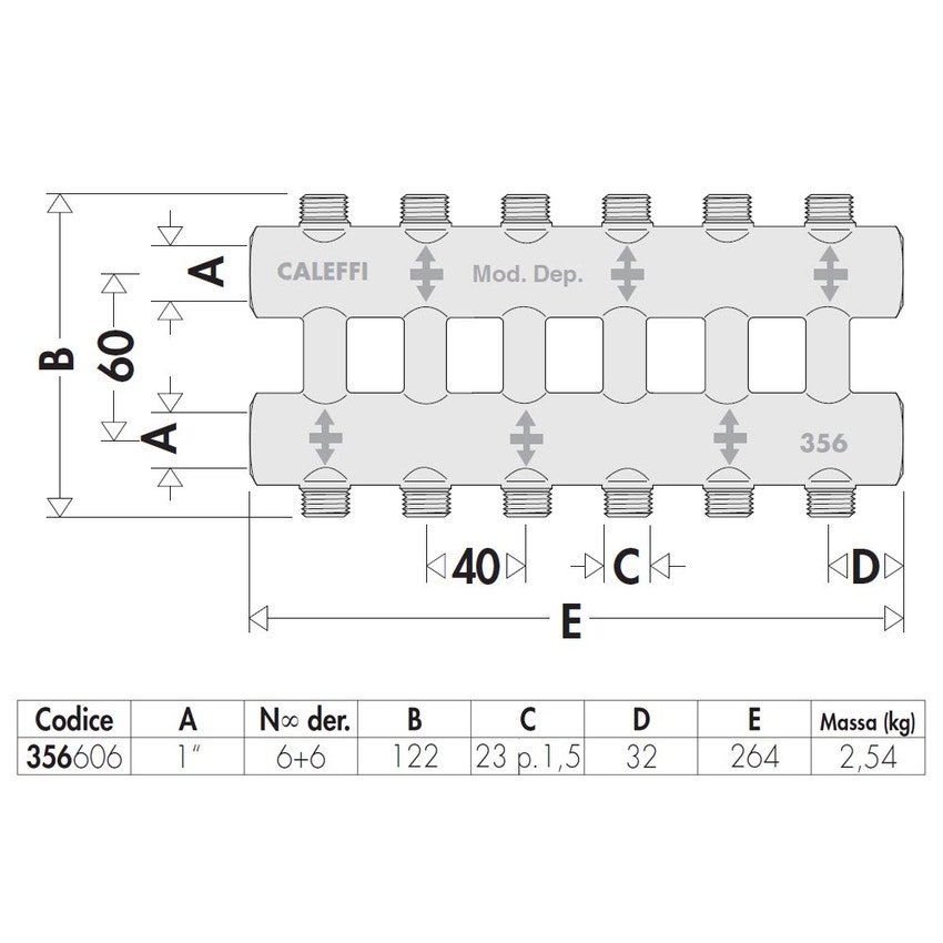 Immagine di Caleffi Collettore complanare fuso monoblocco 6+6 derivazioni x 1" 356606