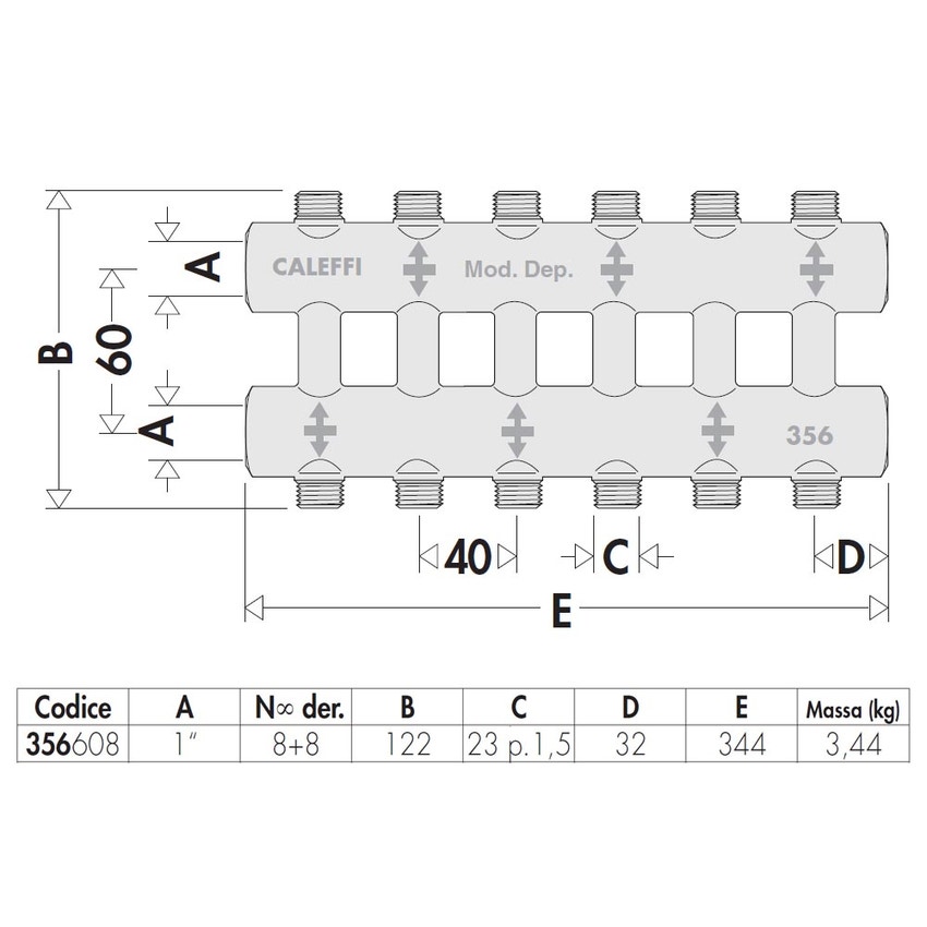 Immagine di Caleffi Collettore complanare fuso monoblocco 8+8 derivazioni x 1" 356608