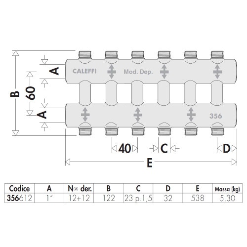 Immagine di Caleffi Collettore complanare fuso monoblocco 12+12 derivazioni x 1" 356612