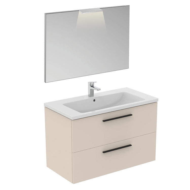 Immagine di Ideal Standard I.LIFE B composizione bagno: mobile sottolavabo L.100 cm, colore sabbia finitura opaco, lavabo L.101 cm, colore bianco finitura lucido, miscelatore monocomando finitura cromo T5276NF+T460301+A6550AA