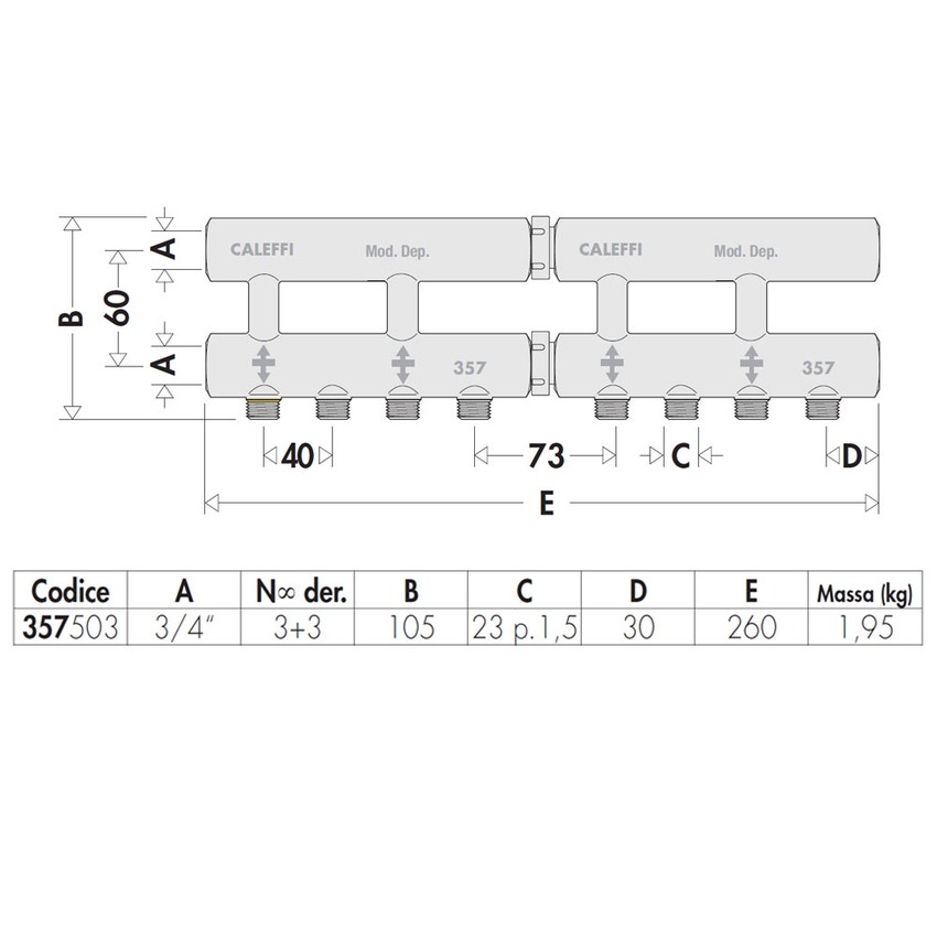 Immagine di Caleffi Collettore complanare fuso monolaterale 3+3 derivazioni x 3/4" 357503