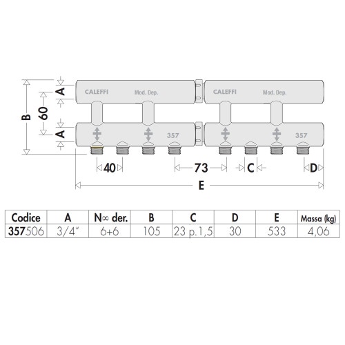 Immagine di Caleffi Collettore complanare fuso monolaterale 6+6 derivazioni x 3/4" 357506