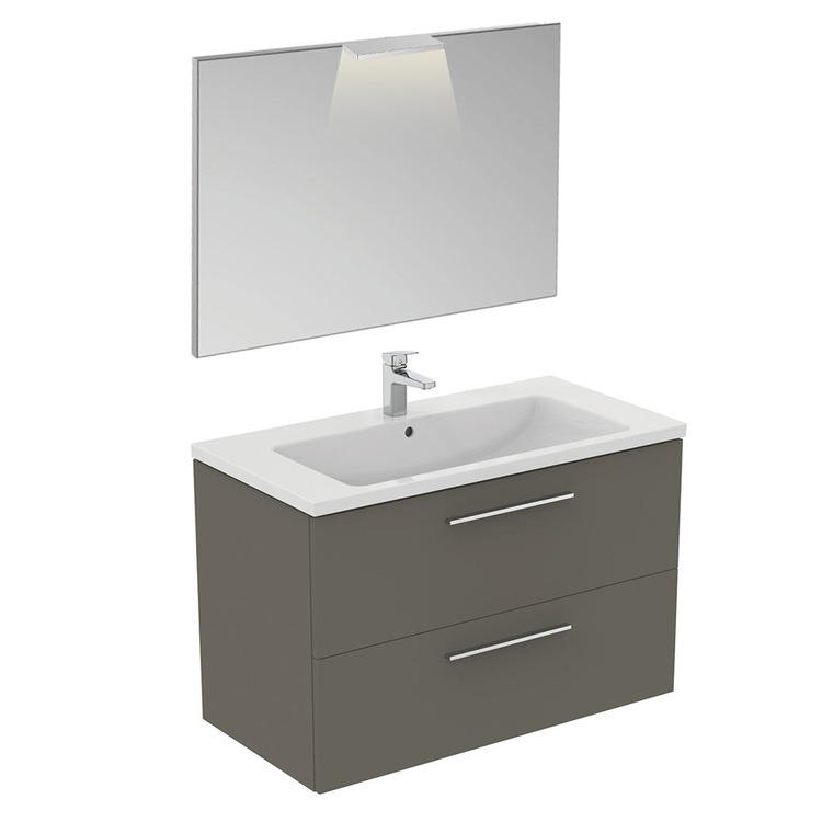 Immagine di Ideal Standard I.LIFE B composizione bagno: mobile sottolavabo L.100 cm, colore grigio quarzo finitura opaco, lavabo L.101 cm, colore bianco finitura lucido, miscelatore monocomando finitura cromo T5276NG+T460301+A6550AA