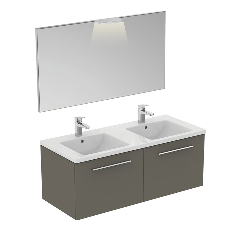 Immagine di Ideal Standard I.LIFE B composizione bagno: mobile sottolavabo L.120 cm, colore grigio quarzo finitura opaco, lavabo L.121 cm, colore bianco finitura lucido, 2 miscelatori monocomando finitura cromo T5277NG+T460201+A6550AA