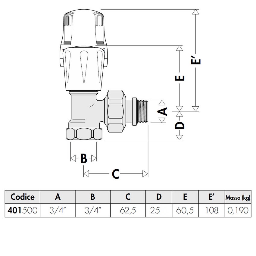 Immagine di Caleffi Valvola termostatizzabile, attacchi a squadra, per tubo in ferro 3/4" senza tenuta gomma Kv: 3,36 401500